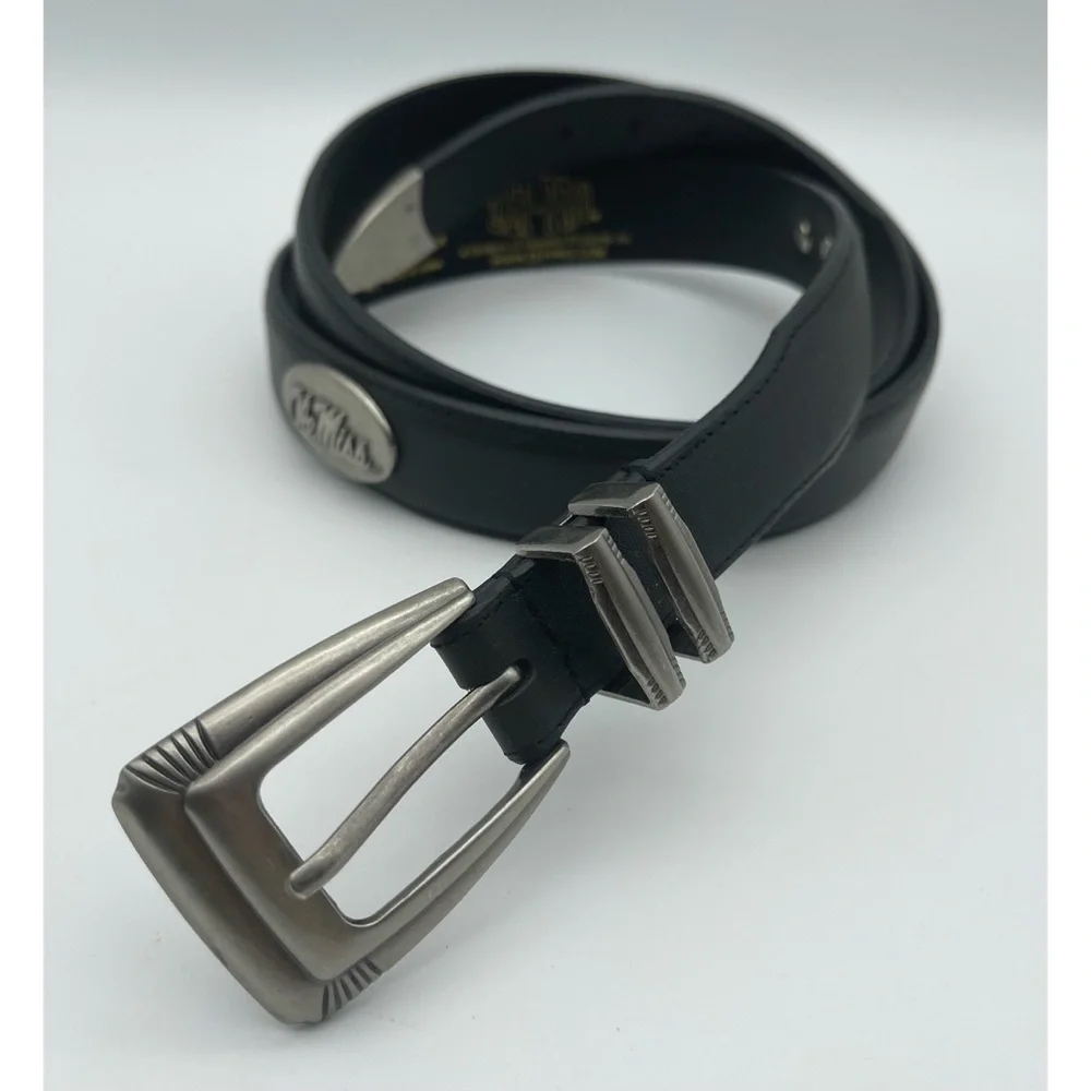Ole Miss Univ of Mississippi Leather Belt Conchos Black Gunmetal Buckle Sz 46